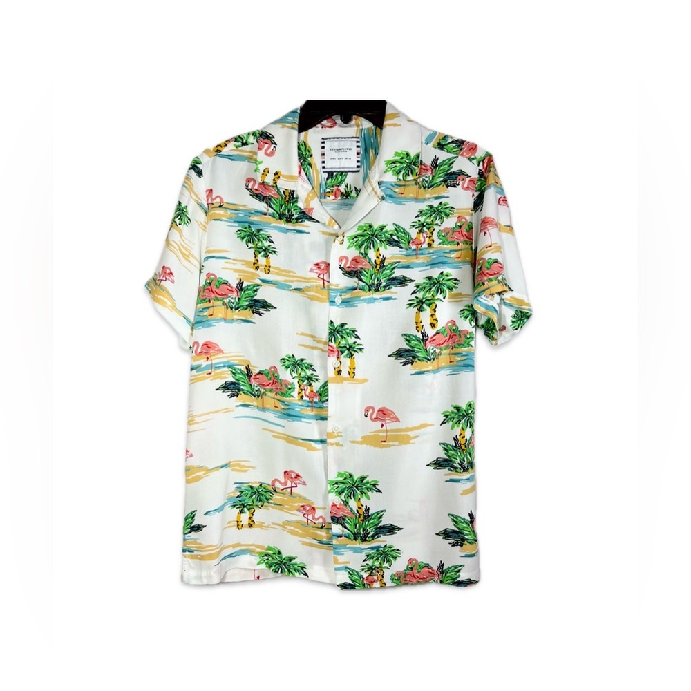 Denim & Flower Flamingo and Palm Print Shirt Size Small Button Down